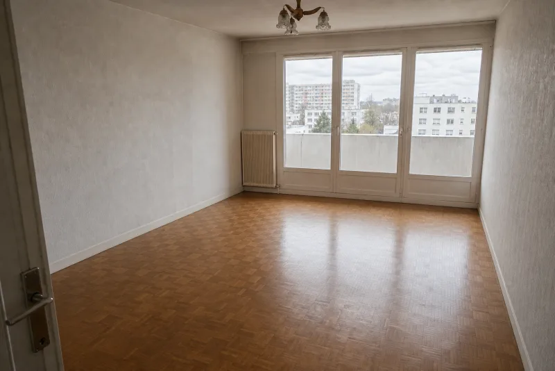 Après débarras — Séjour d’appartement vidé et balayé