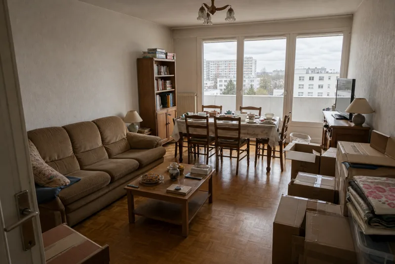 Avant débarras — Séjour d’appartement vidé et balayé