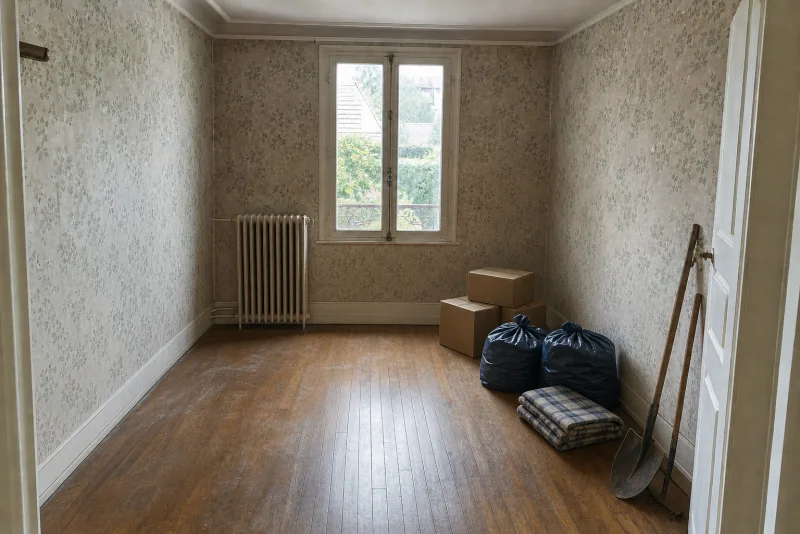Maison meulière : séjour vidé et balayé — en cours — Débarras maison, Débarras à Paris