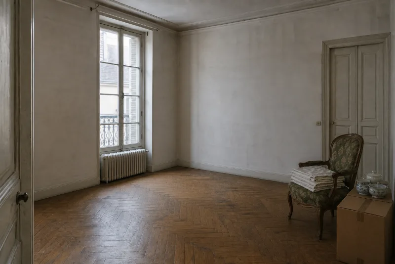 Salon bourgeois débarrassé de son mobilier — en cours — Débarras appartement, Débarras à Paris
